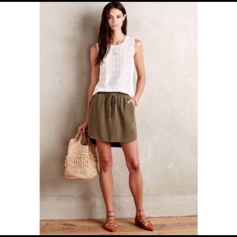 Anthropologie Olive Green Drawstring Mini Skirt